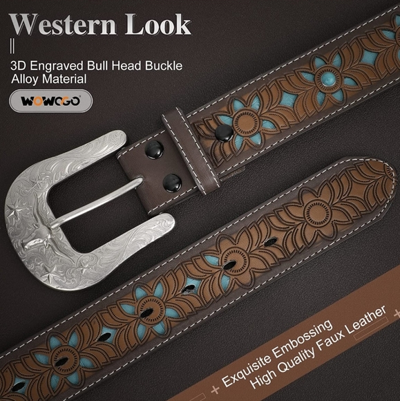 New Western Brown & Turquoise Leather  Floral Engraved Belt In Various Size - Picture 2 of 5